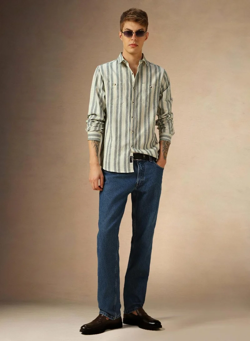 دينيس لينغو Men's Off White Cotton Blend Striped Shirt