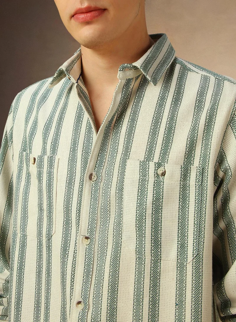 دينيس لينغو Men's Off White Cotton Blend Striped Shirt