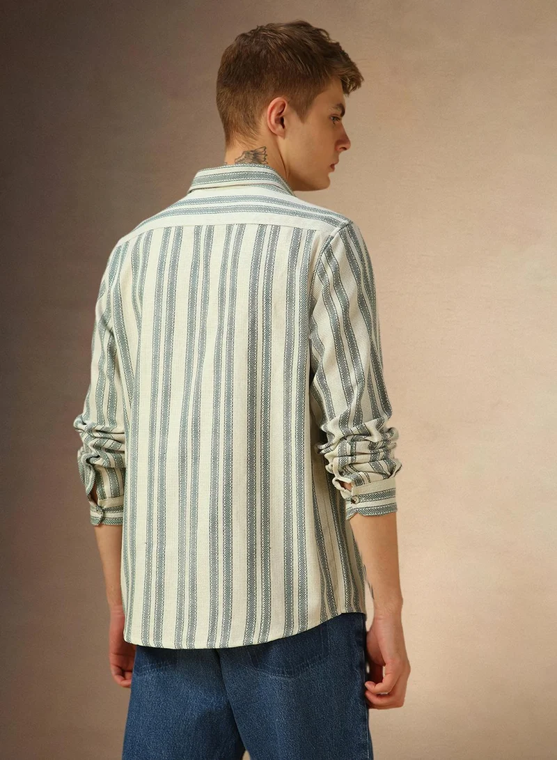 دينيس لينغو Men's Off White Cotton Blend Striped Shirt