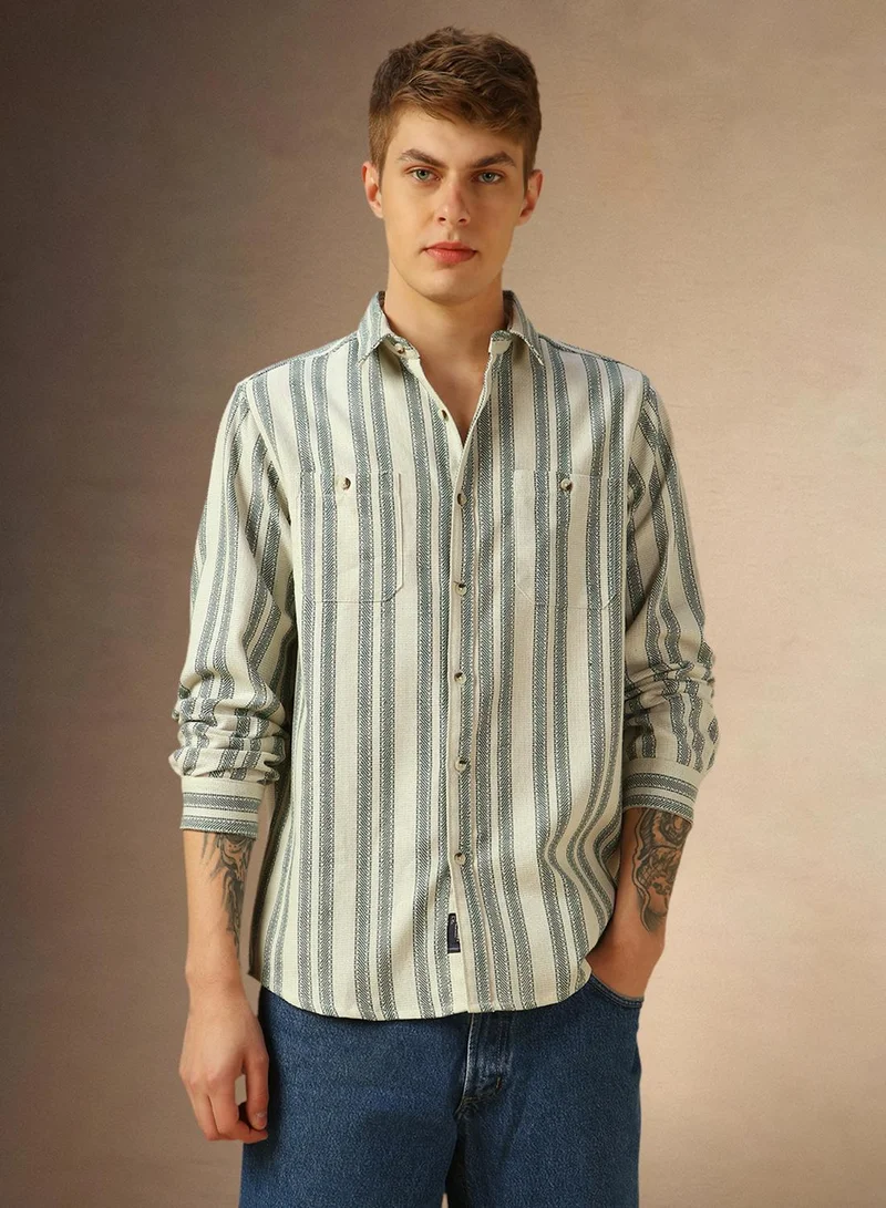 دينيس لينغو Men's Off White Cotton Blend Striped Shirt