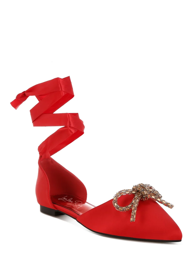 London Rag Rhinestone Detail Bow Flat Sandals in Red