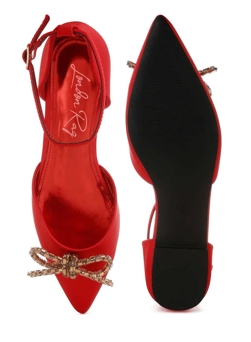 London Rag Rhinestone Detail Bow Flat Sandals in Red