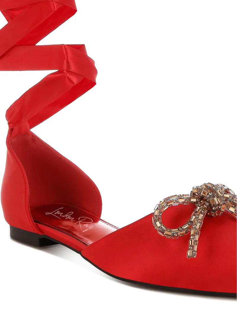 London Rag Rhinestone Detail Bow Flat Sandals in Red