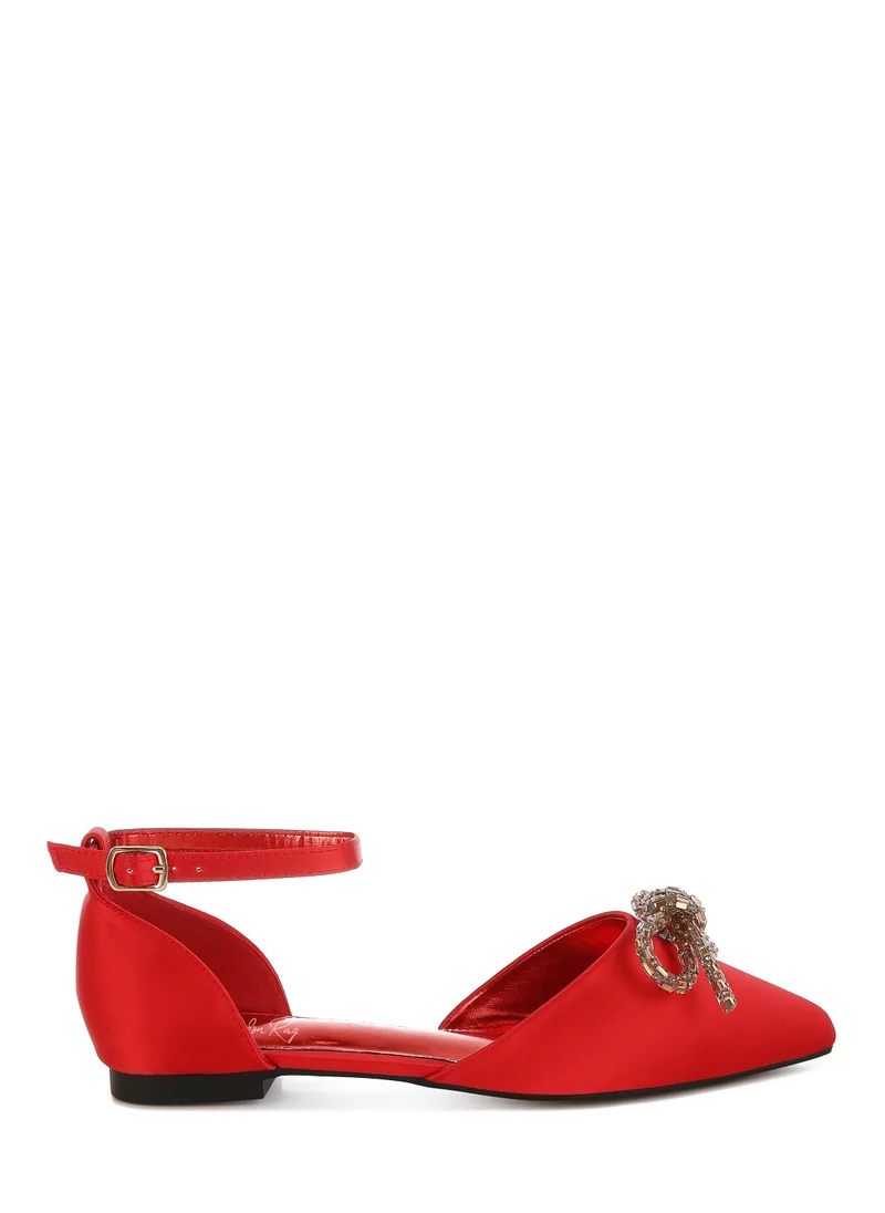 London Rag Rhinestone Detail Bow Flat Sandals in Red