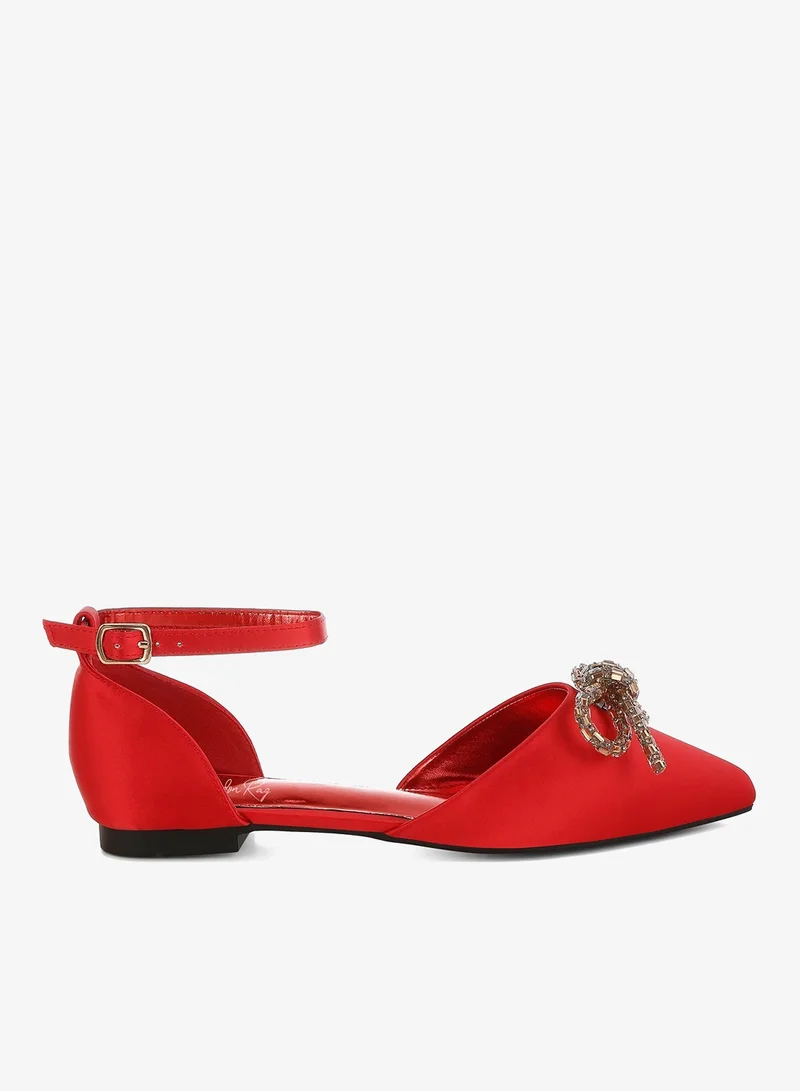 Rhinestone Detail Bow Flat Sandals in Red