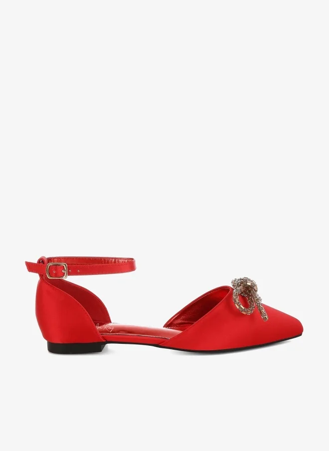 Rhinestone Detail Bow Flat Sandals in Red