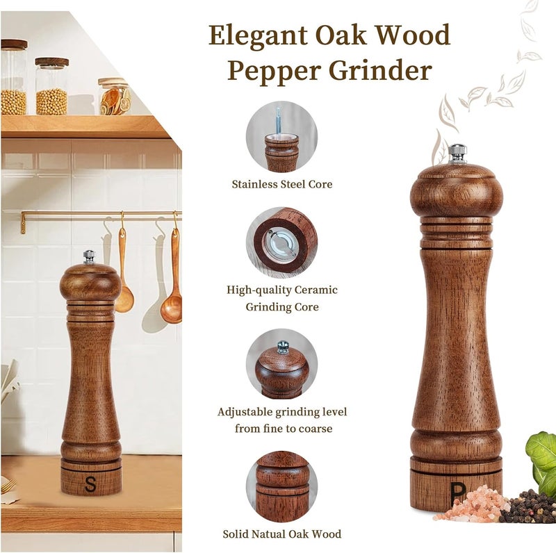 Haomacro Wooden Salt and Pepper Grinder Set Refillable Salt & Pepper Mills Adjust for Coarseness, Crafted of Solid Oak Wood with Ceramic Stainless Steel Core, 8 Inches - 2 Packs - Image 4