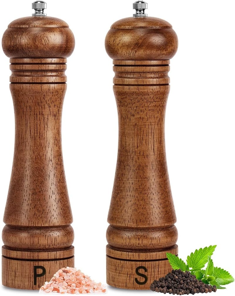 Haomacro Wooden Salt and Pepper Grinder Set Refillable Salt & Pepper Mills Adjust for Coarseness, Crafted of Solid Oak Wood with Ceramic Stainless Steel Core, 8 Inches - 2 Packs - Image 1