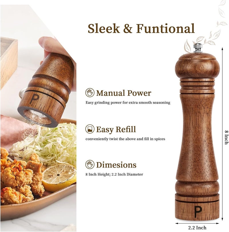 Haomacro Wooden Salt and Pepper Grinder Set Refillable Salt & Pepper Mills Adjust for Coarseness, Crafted of Solid Oak Wood with Ceramic Stainless Steel Core, 8 Inches - 2 Packs - Image 3