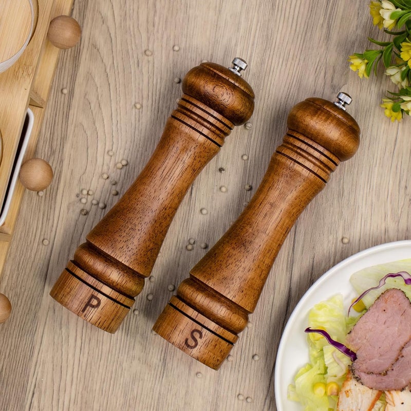 Haomacro Wooden Salt and Pepper Grinder Set Refillable Salt & Pepper Mills Adjust for Coarseness, Crafted of Solid Oak Wood with Ceramic Stainless Steel Core, 8 Inches - 2 Packs - Image 5