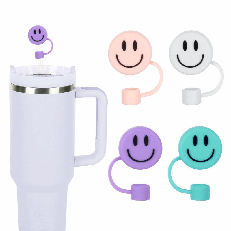 Whaline 4Pcs Smile Face Straw Cover Cap Pink Purple Mint Green Silicone Drinking Straw Topper 10mm 3040 Oz Reusable Straws Covers Double Sided Tumbler Cup Accessories for Party Favor 4 Colors