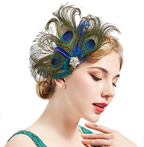 BABEYOND Peacock Feather Hair Clip, 9.8' x 6.3', Style 2, 1 Count, Adult Females, Women's, Handmade with Peacock Feathers and Rhinestones, Art Deco, Feather Shape, J-Clip, 2 Pieces - Image 1