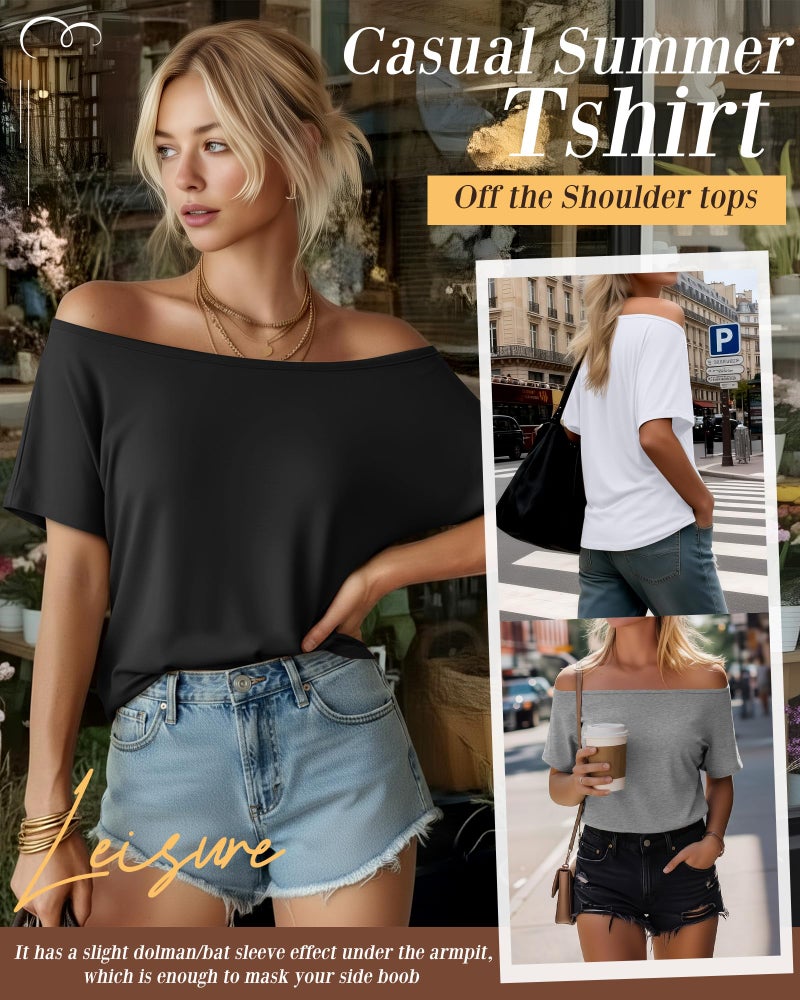 Riyiper 3 Pack Women's Off the Shoulder Shirts, Loose Fit Flowy Tops Short Sleeve Casual Summer Tshirt Athletic Workout Tunic (Black, White, Light Gray,Medium) - Image 3