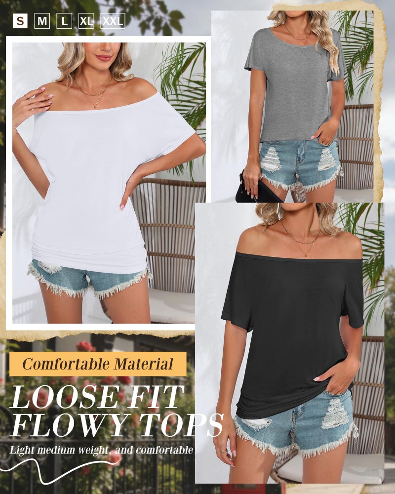 Riyiper 3 Pack Women's Off the Shoulder Shirts, Loose Fit Flowy Tops Short Sleeve Casual Summer Tshirt Athletic Workout Tunic (Black, White, Light Gray,Medium) - Image 5