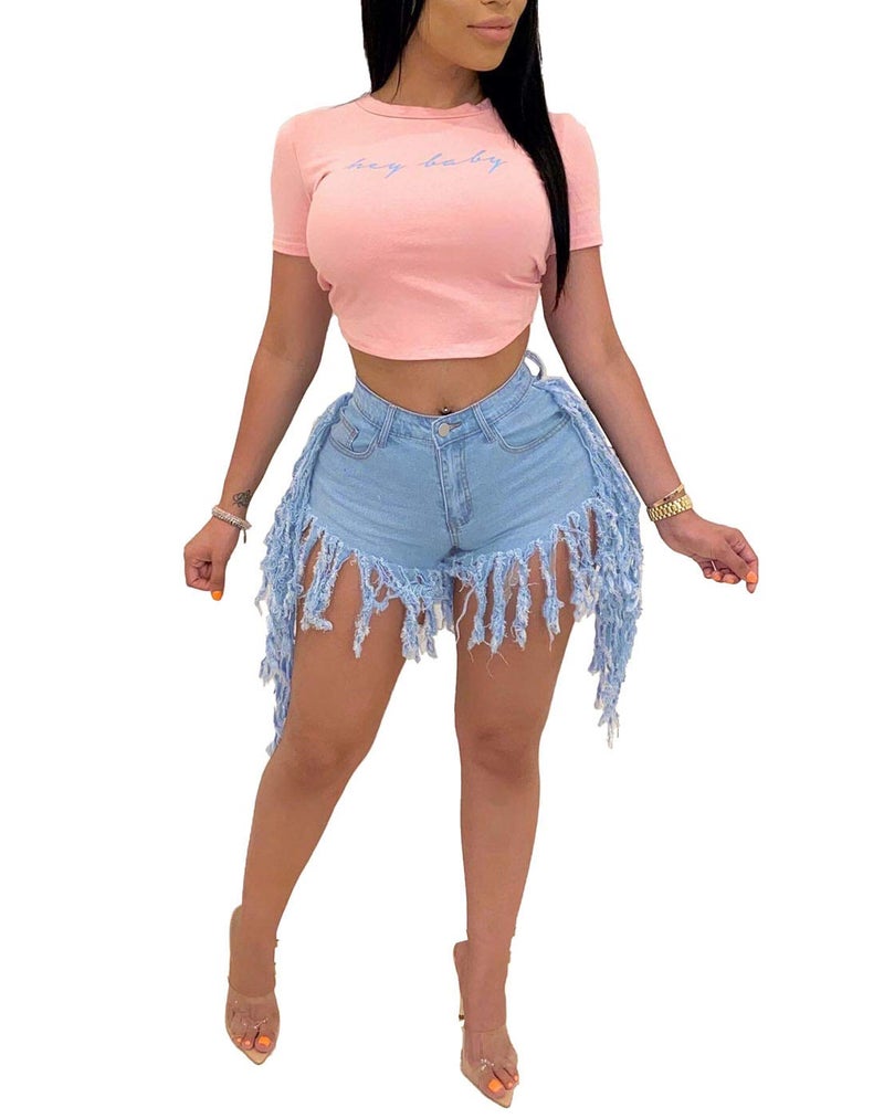 SIAEAMRG Jean Shorts for Women Juniors, Summer High Waisted Stretchy Frayed Raw Hem Tassels Denim Shorts (Side-Light Blue, XL) - Image 4