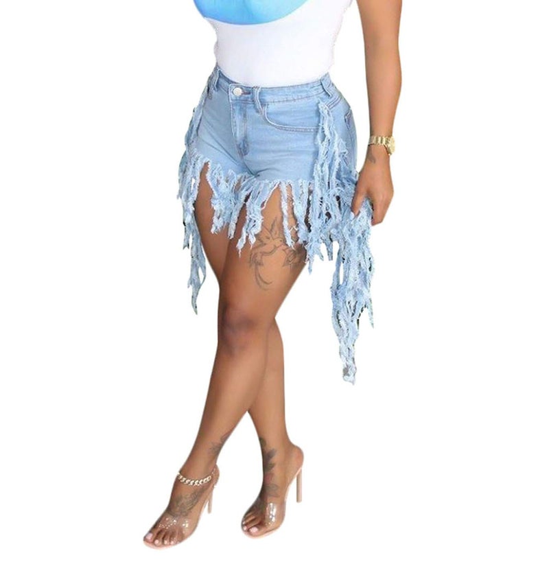 SIAEAMRG Jean Shorts for Women Juniors, Summer High Waisted Stretchy Frayed Raw Hem Tassels Denim Shorts (Side-Light Blue, XL) - Image 2