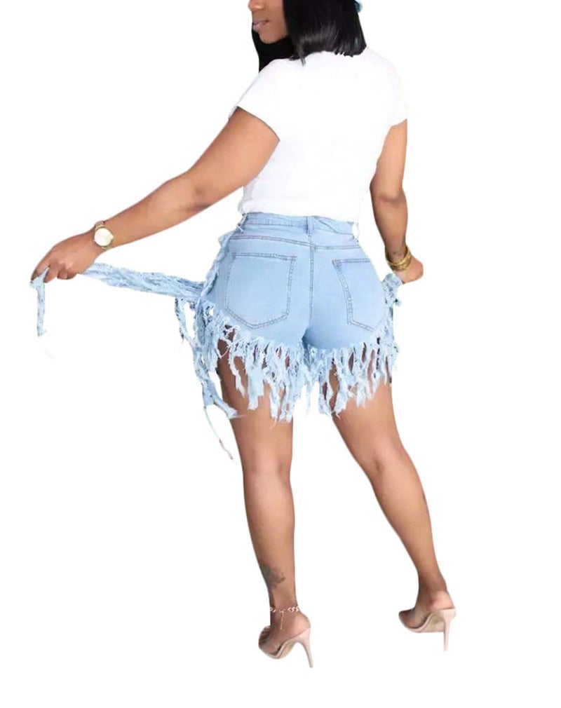 SIAEAMRG Jean Shorts for Women Juniors, Summer High Waisted Stretchy Frayed Raw Hem Tassels Denim Shorts (Side-Light Blue, XL) - Image 3