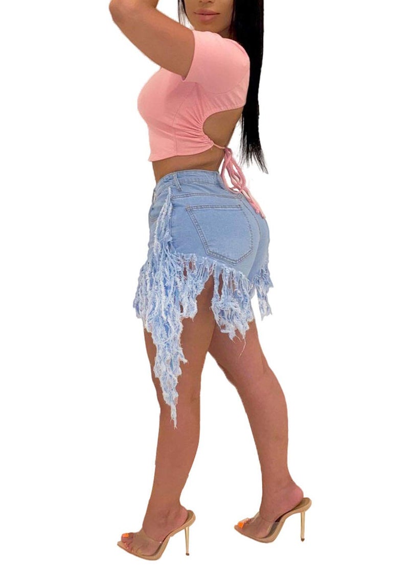 SIAEAMRG Jean Shorts for Women Juniors, Summer High Waisted Stretchy Frayed Raw Hem Tassels Denim Shorts (Side-Light Blue, XL) - Image 5
