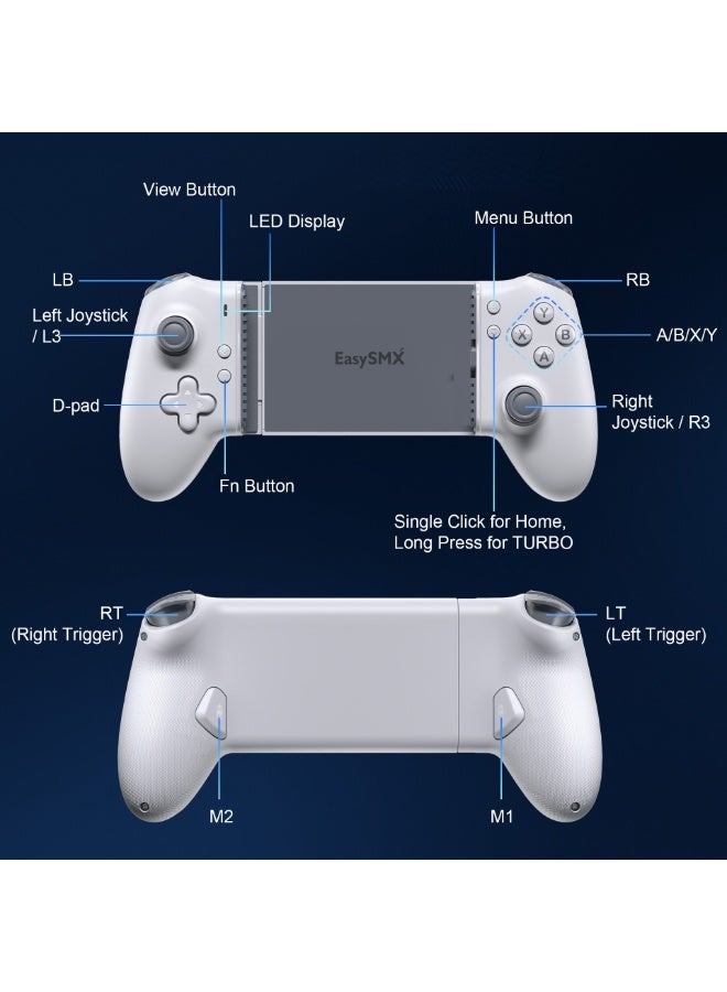 general Professional Gamepad EasySMX M15 Mobile Gaming Controller for Android/iPhone 15 Series Cloud Gaming XBOX/PS/Steam Link/Arcade/Google Play/Luna/ Game Pass with Hall Trigger/Joysticks 6-level Adjustable Vibration 2 Mappable Back Buttons Mechanical Buttons Ergonomics Grip Anti-Slip Texture 400mAh Battery Stretchable Dimension:102mm-176mm - Image 2