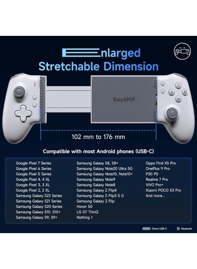 general Professional Gamepad EasySMX M15 Mobile Gaming Controller for Android/iPhone 15 Series Cloud Gaming XBOX/PS/Steam Link/Arcade/Google Play/Luna/ Game Pass with Hall Trigger/Joysticks 6-level Adjustable Vibration 2 Mappable Back Buttons Mechanical Buttons Ergonomics Grip Anti-Slip Texture 400mAh Battery Stretchable Dimension:102mm-176mm - Image 4