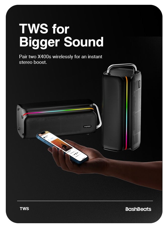 Faster X400 Wireless Speaker 110W- Portable Bluetooth Party Speaker with Wireless Mic-Advanced Bluetooth 5.3 TWS Mode USB RGB Lights Bass Adjustment MP3 Player- 7Hrs Playtime 4.75 Inches Dual Woofers Fast Charging Multifunctional Buttons Solid Metal Handle Home Party Camping Outdoor Travel Beach Pool Work and Relaxation Gifts for All - Image 2