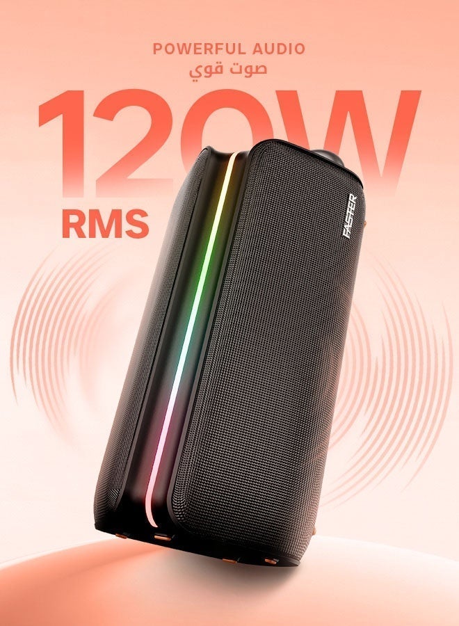Faster X400 Portable Bluetooth Speaker 110W - Outdoor Party Speaker with Wireless Mic - Advanced Bluetooth 5.3, TWS Modes, USB, RGB Lights, Bass Adjustment, FM Radio, TF AUX Inputs - 4 Inch Dual Woofers, Fast Charging, Multifunctional Buttons - Solid Metal Build For Camping, Outdoor Travel, Beach, Pool - Image 2