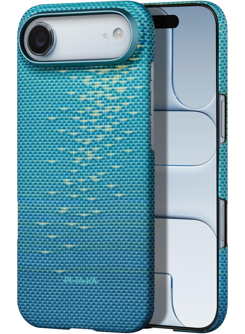 PITAKA بيتاكا لحافظة آيفون إير 6.5 بوصة، متوافقة مع ماغسيف، حافظة فائقة النحافة مع شعور لمسي بدون غلاف، ألياف أراميد 1500D منسوجة، لمحات من الذهب - أزرق شفاف - Image 1