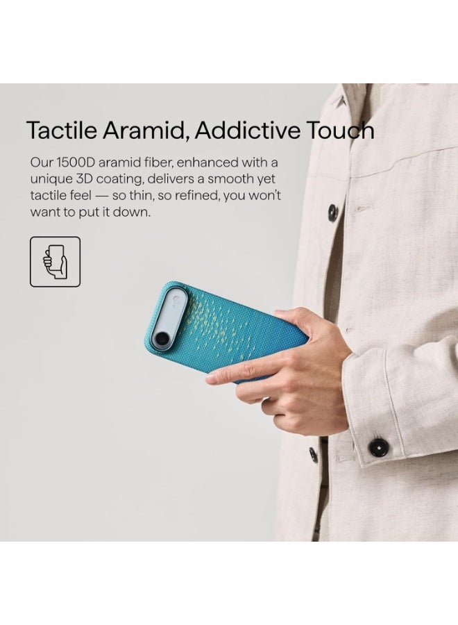 PITAKA بيتاكا لحافظة آيفون إير 6.5 بوصة، متوافقة مع ماغسيف، حافظة فائقة النحافة مع شعور لمسي بدون غلاف، ألياف أراميد 1500D منسوجة، لمحات من الذهب - أزرق شفاف - Image 3