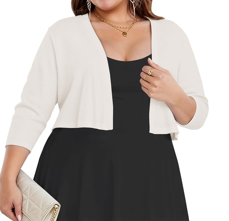 JOELLYUS Plus Size Shrugs for Women 3/4 Sleeve Cropped Cardigan Knit Sweaters Open Front Bolero (White,3XL) - Image 1