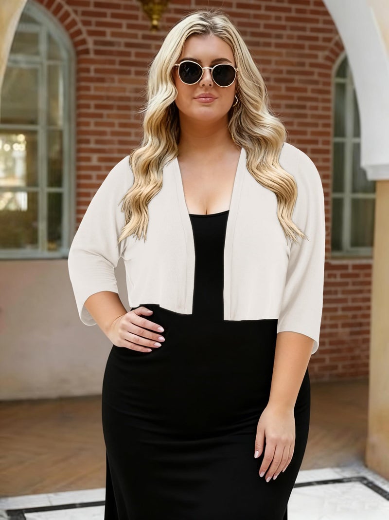 JOELLYUS Plus Size Shrugs for Women 3/4 Sleeve Cropped Cardigan Knit Sweaters Open Front Bolero (White,3XL) - Image 3