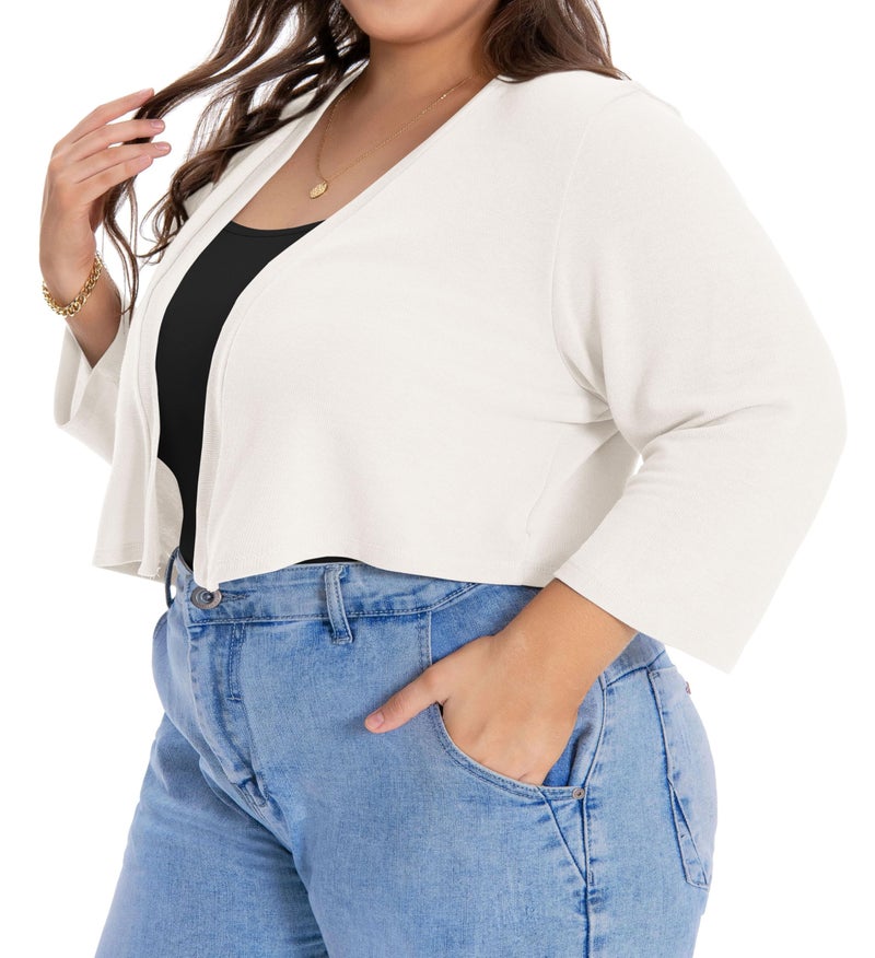 JOELLYUS Plus Size Shrugs for Women 3/4 Sleeve Cropped Cardigan Knit Sweaters Open Front Bolero (White,3XL) - Image 2