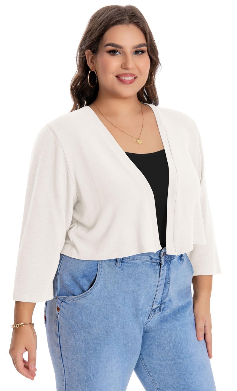 JOELLYUS Plus Size Shrugs for Women 3/4 Sleeve Cropped Cardigan Knit Sweaters Open Front Bolero (White,3XL) - Image 5