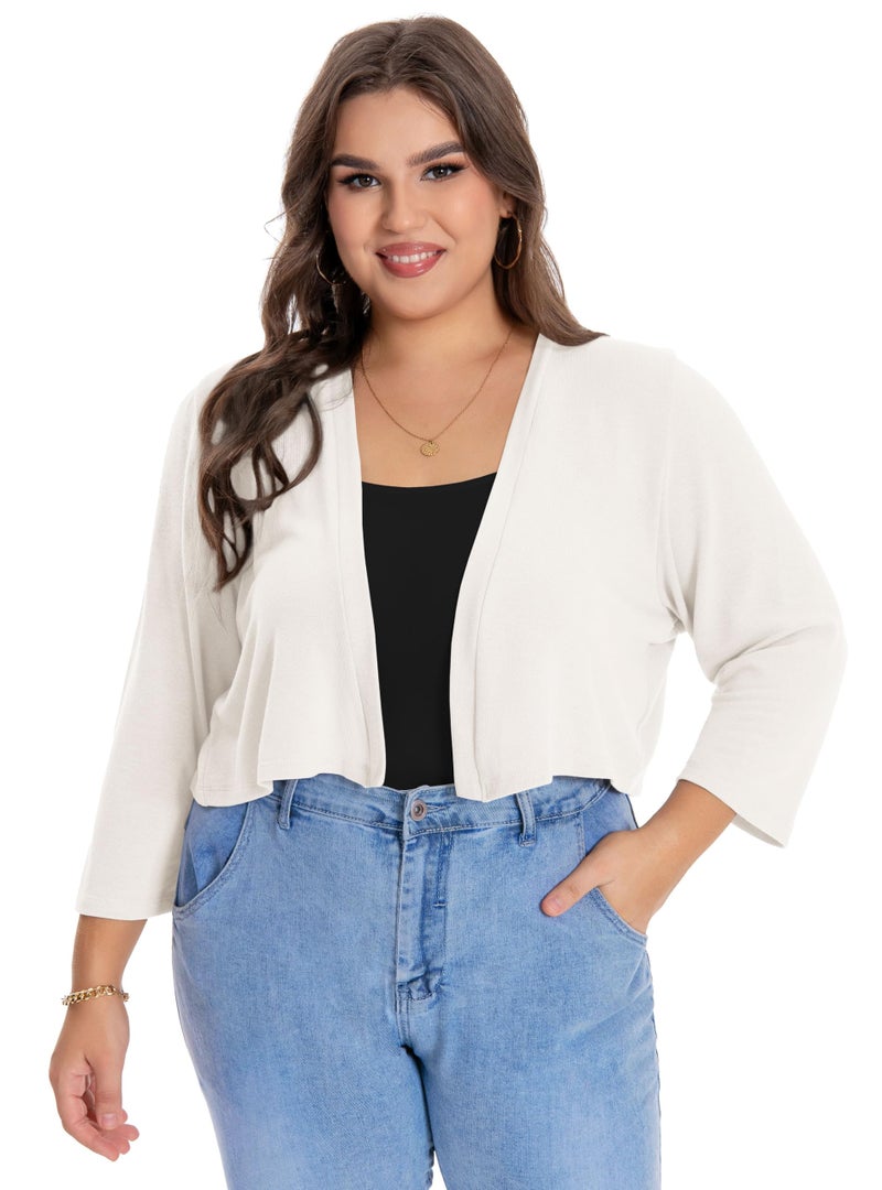 JOELLYUS Plus Size Shrugs for Women 3/4 Sleeve Cropped Cardigan Knit Sweaters Open Front Bolero (White,3XL) - Image 4