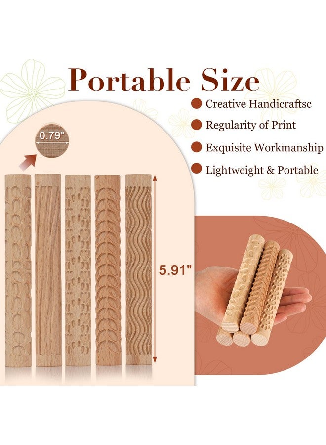 Lzttyee Set Of 5 Wooden Handle Pottery Tools Clay Modeling Pattern Rollers Kit Brown (Set Of 5) - Image 2