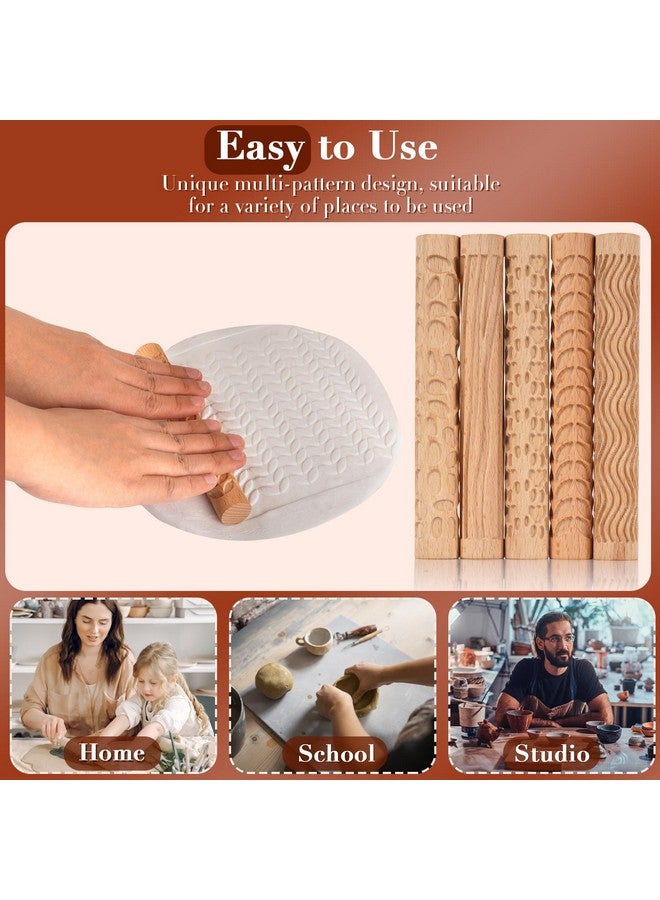 Lzttyee Set Of 5 Wooden Handle Pottery Tools Clay Modeling Pattern Rollers Kit Brown (Set Of 5) - Image 4