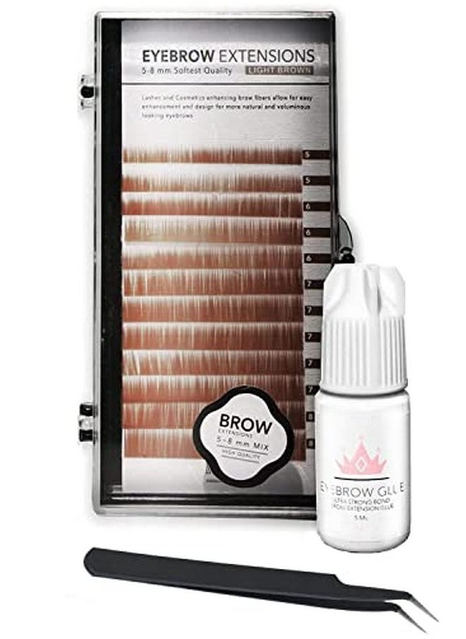 KC Republic - Eyebrow Extensions Kit With 1 X Trays Of Mink Eyebrows In Blonde;Light Brown Comes On Mixed Length Trays 58 Mm Mix, Eyebrow Extension Glue Clear & Extension Tweezers (Light Brown, Black Tweezer) - Image 1