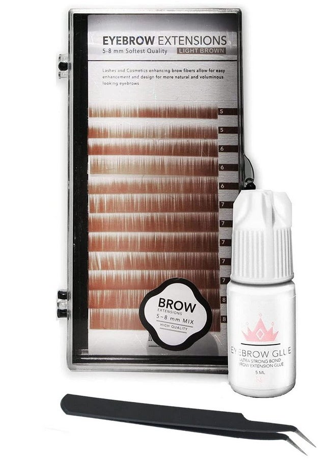 KC Republic - Eyebrow Extensions Kit With 1 X Trays Of Mink Eyebrows In Blonde;Light Brown Comes On Mixed Length Trays 58 Mm Mix, Eyebrow Extension Glue Clear & Extension Tweezers (Light Brown, Black Tweezer) - Image 1
