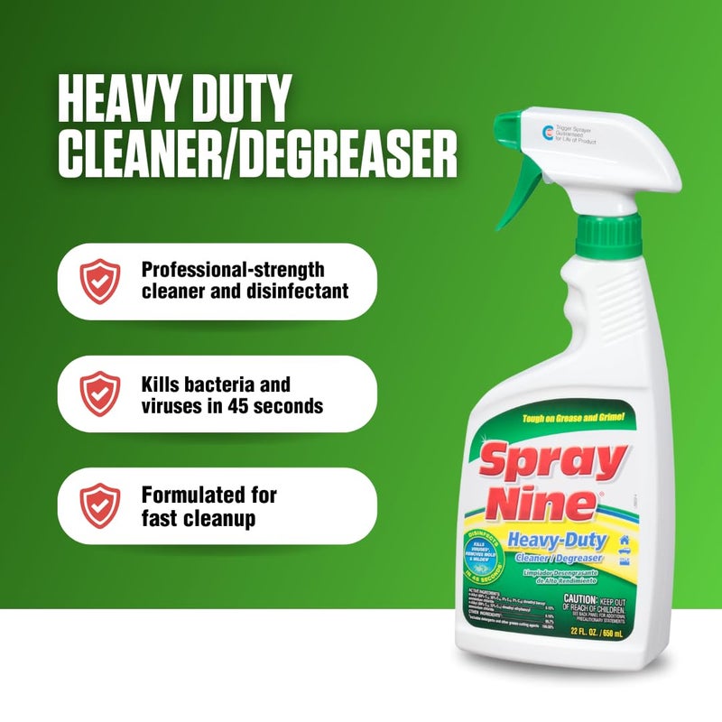 Spray Nine 26825 Heavy Duty Cleaner, Degreaser & Disinfectant for Kitchens, Bathrooms, Yard Equipment, Automotive & Industrial 22 Fl Oz. (Pack of 1) - Image 2