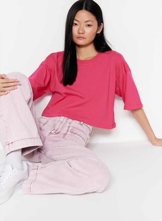 trendyol Premium Fuchsia Relaxed Pattern 100% Cotton Crop Knit T-Shirt  - Image 2
