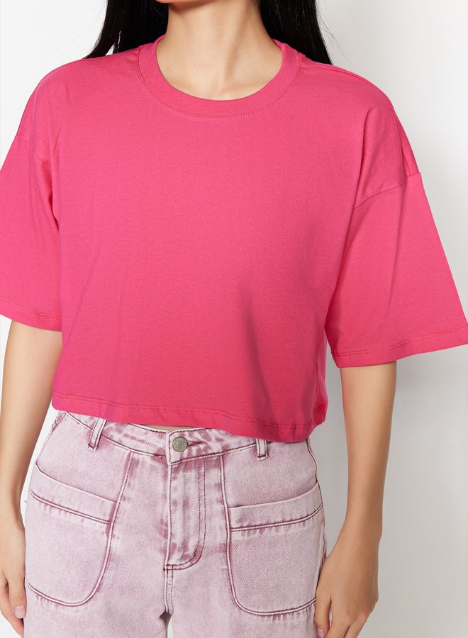 trendyol Premium Fuchsia Relaxed Pattern 100% Cotton Crop Knit T-Shirt  - Image 4