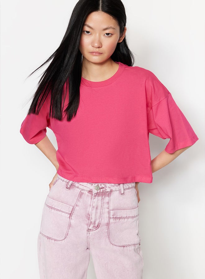 trendyol Premium Fuchsia Relaxed Pattern 100% Cotton Crop Knit T-Shirt  - Image 1
