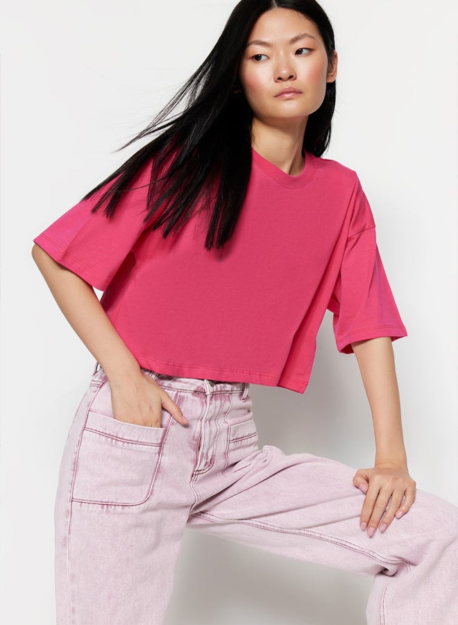 trendyol Premium Fuchsia Relaxed Pattern 100% Cotton Crop Knit T-Shirt  - Image 3