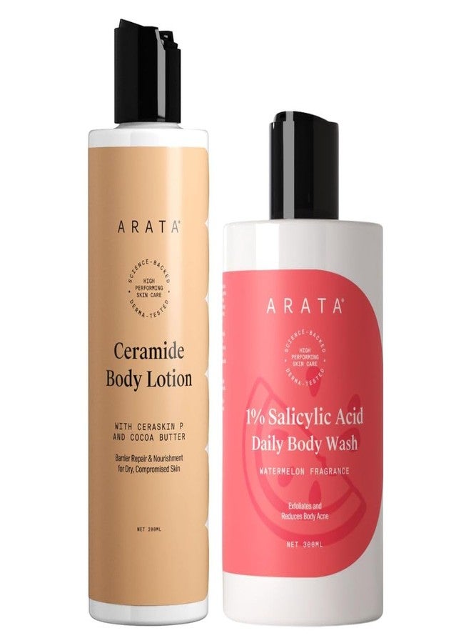 Arata Watermelon Body Wash & Ceramide Body Lotion Combo | Exfoliates, Smoothens & Deeply Hydrates | Reduces Bacne, Bumps & Dryness (300ml + 200ml) - Image 1