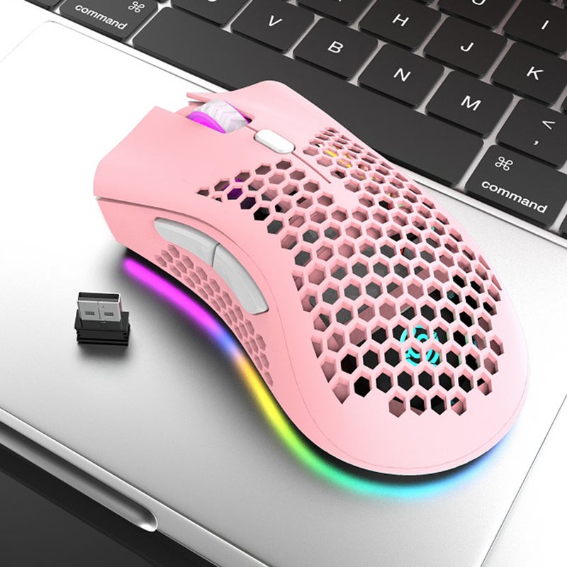 2.4G لاسلكي للالعاب قابلة للشحن مع تأثير ضوء RGB 3 معدلات DPI قابلة للتعديل تصميم سلبي شبيه بالعسل باللون الوردي - Image 3
