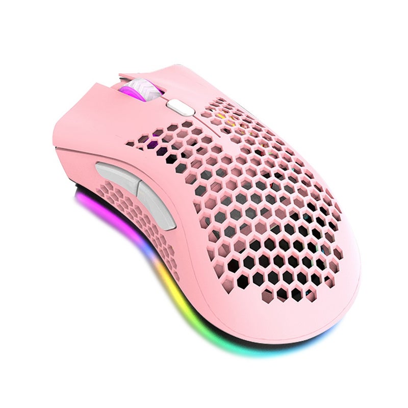 2.4G لاسلكي للالعاب قابلة للشحن مع تأثير ضوء RGB 3 معدلات DPI قابلة للتعديل تصميم سلبي شبيه بالعسل باللون الوردي - Image 1