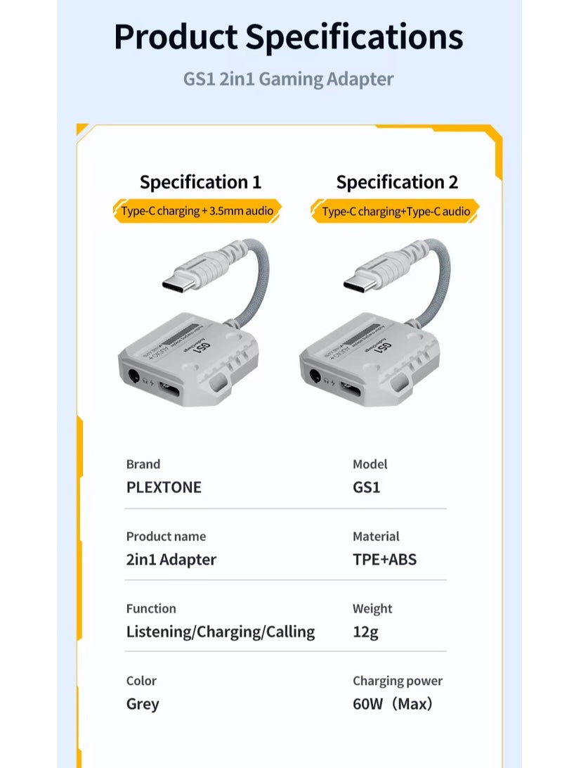 Plextone GS1 2 in 1 Fast Charging Adapter Type-C Pd USB-C to Dual Type-C Ports Type-C to Audio Cable 60W High Definition Fast Charging Adapter White - Image 2