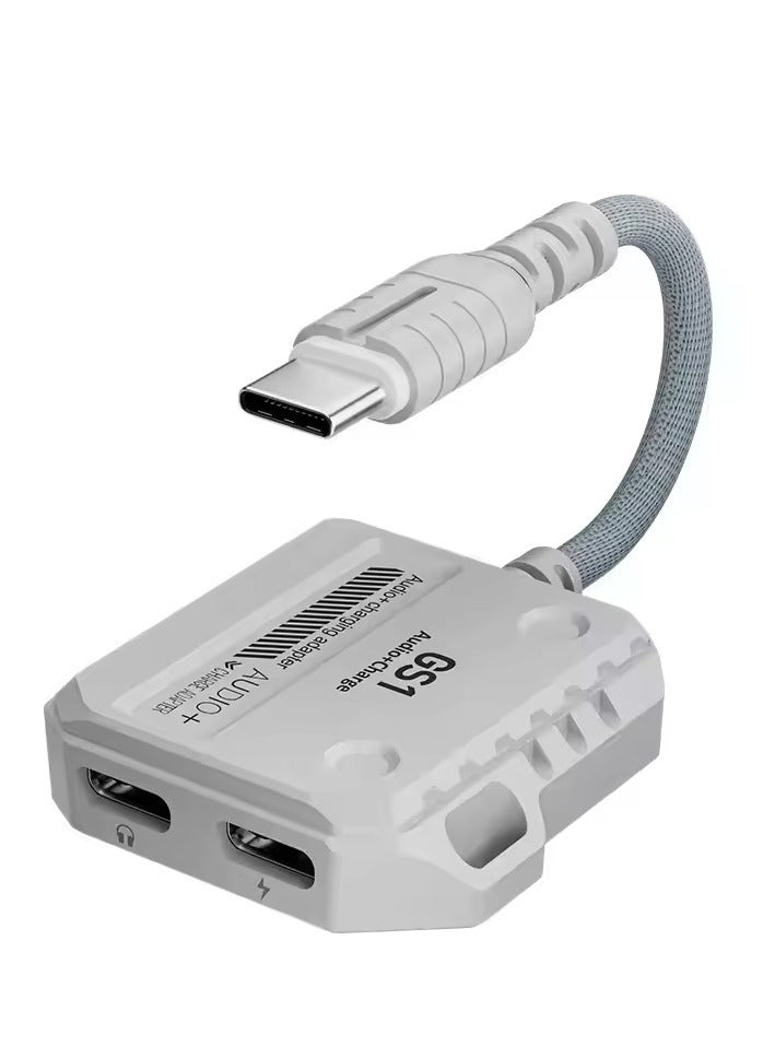 Plextone GS1 2 in 1 Fast Charging Adapter Type-C Pd USB-C to Dual Type-C Ports Type-C to Audio Cable 60W High Definition Fast Charging Adapter White - Image 1