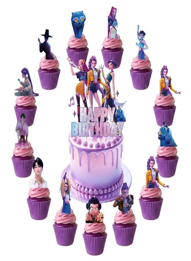 LMHRZH Demon Movie Hunters Birthday Cake Topper, Cute Cake Decorations Include 1Pcs Happy Birthday Cake Topper and 24Pcs Cupcake Topper for Cartoon Party Decorations - Image 1