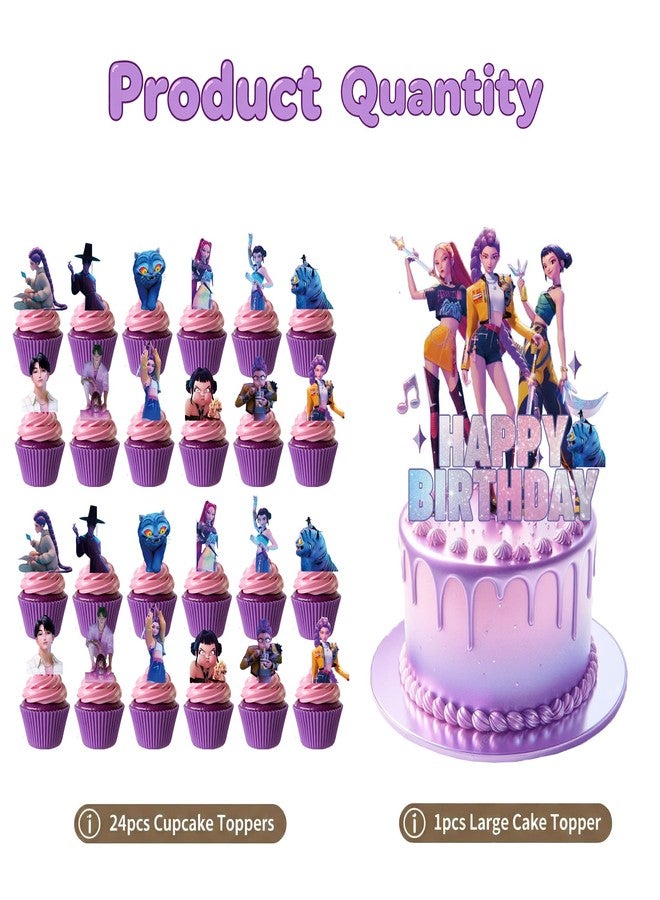 LMHRZH Demon Movie Hunters Birthday Cake Topper, Cute Cake Decorations Include 1Pcs Happy Birthday Cake Topper and 24Pcs Cupcake Topper for Cartoon Party Decorations - Image 3