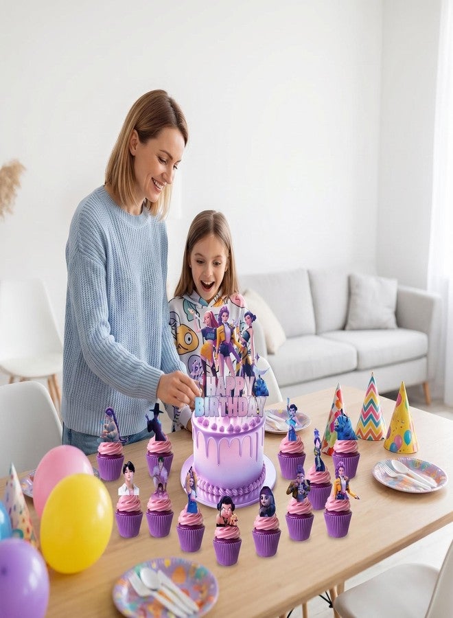 LMHRZH Demon Movie Hunters Birthday Cake Topper, Cute Cake Decorations Include 1Pcs Happy Birthday Cake Topper and 24Pcs Cupcake Topper for Cartoon Party Decorations - Image 2
